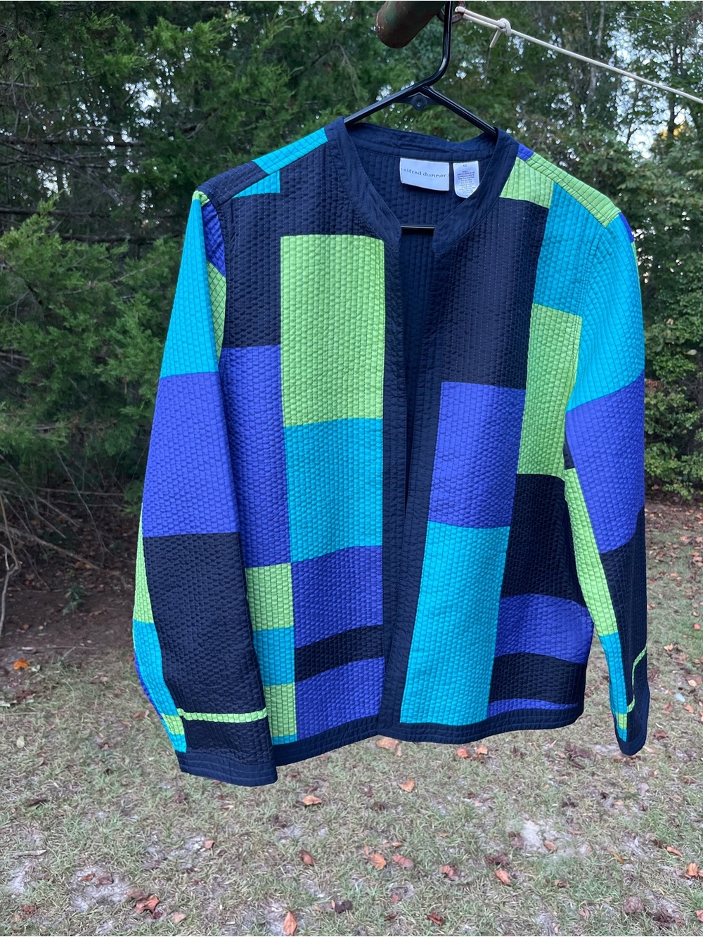 Alfred Dunner Open-Front Colorblock Cardigan in black, blue, Teal & Lime